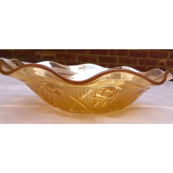 Vintage Jeanette Iris & Herringbone Marigold Carnival Glass Ruffle Edge Bowl - Picture 2 of 8